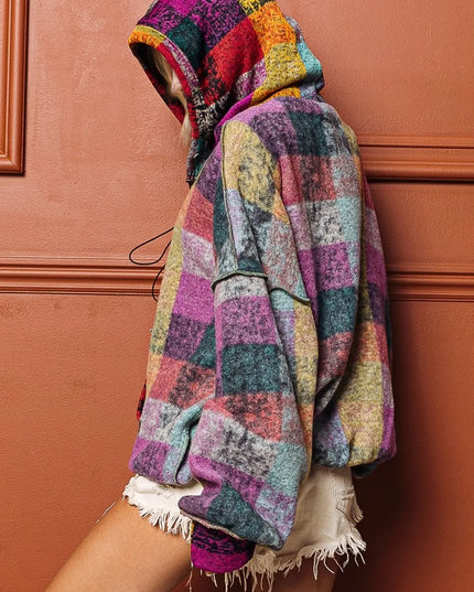 Double Take Full Size Half Zip Exposed Seam Fleece Hoodie