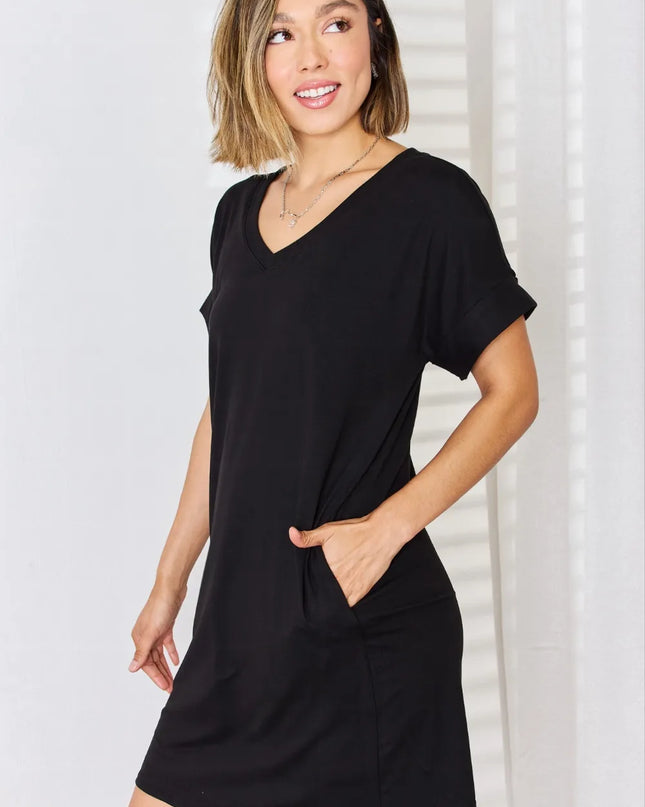 Zenana Full Size Rolled Short Sleeve V-Neck Dress