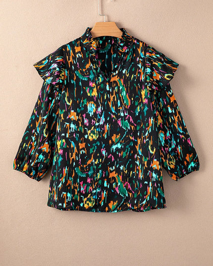 Abstract Print 3/4 Sleeve Ruffle Blouse