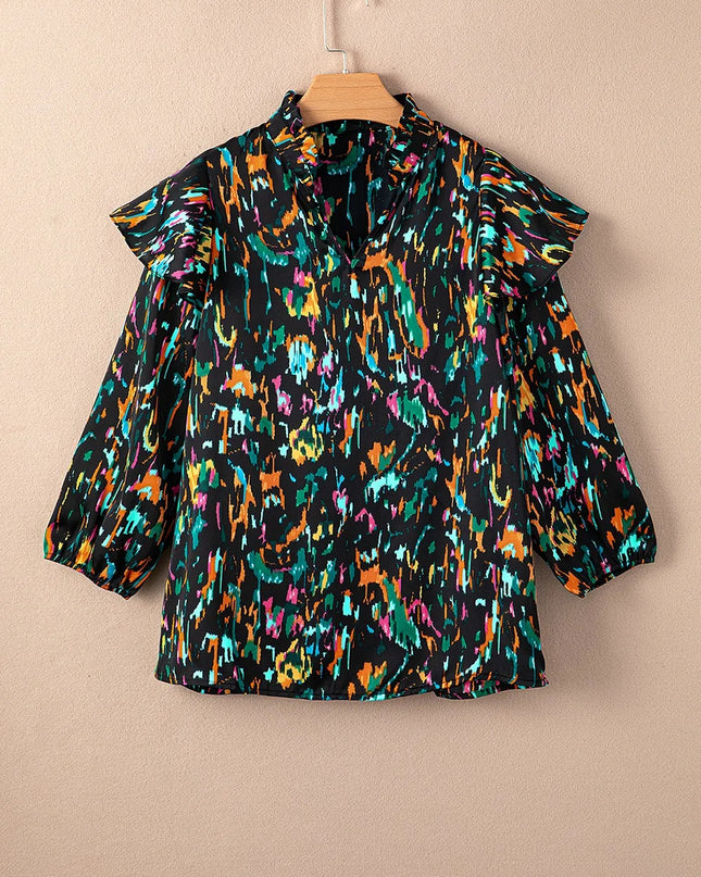 Abstract Print 3/4 Sleeve Ruffle Blouse