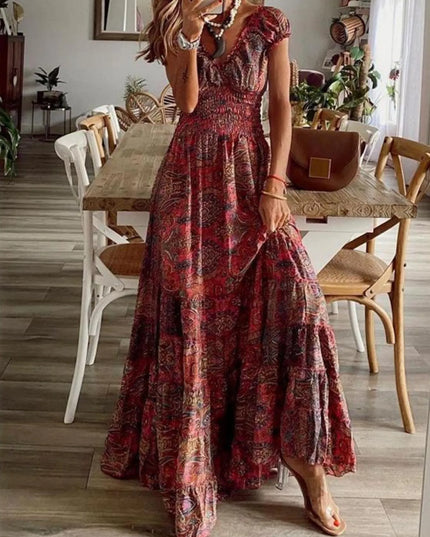 Full Size Paisley Print Cap Sleeve Maxi Dress Plus Size