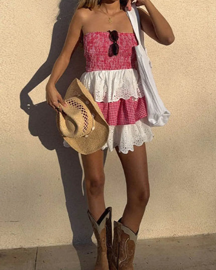 Eyelet Gingham Ruffle Layered Tube Dress