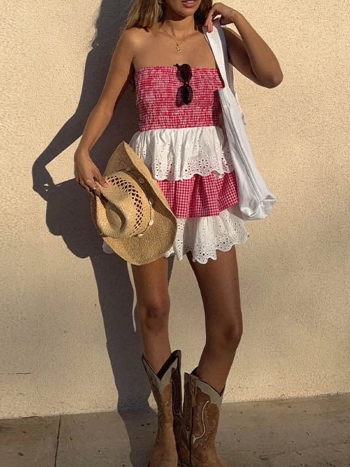 Eyelet Gingham Ruffle Layered Tube Dress