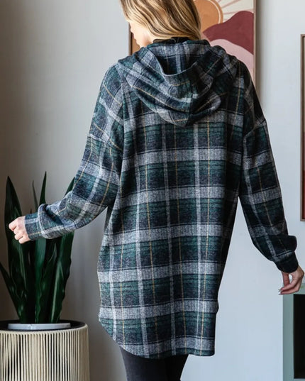 Heimish Plaid Button Down Long Sleeve Hooded Cardigan