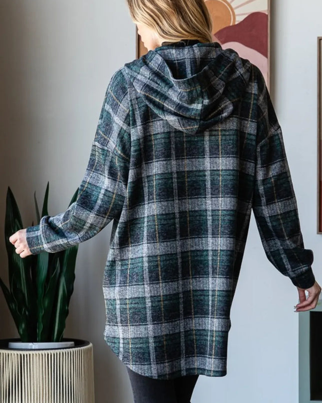 Heimish Plaid Button Down Long Sleeve Hooded Cardigan
