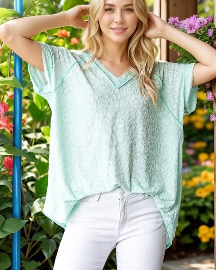 Heimish Full Size Exposed Seam V-Neck Short Sleeve Leopard Top Plus Size MINT