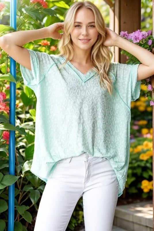 Heimish Full Size Exposed Seam V-Neck Short Sleeve Leopard Top Plus Size MINT