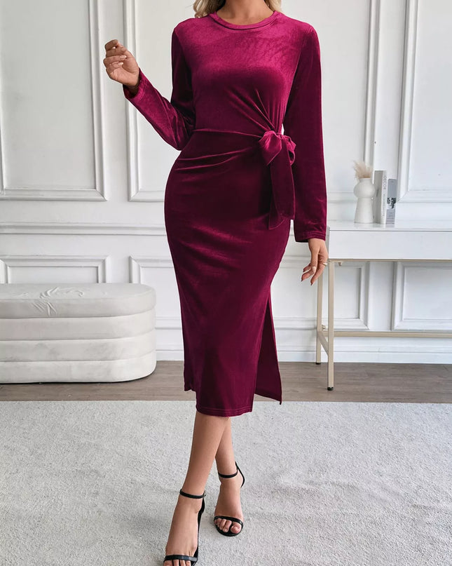 Velvet Slit Round Neck Long Sleeve Dress with Side Tie Detail