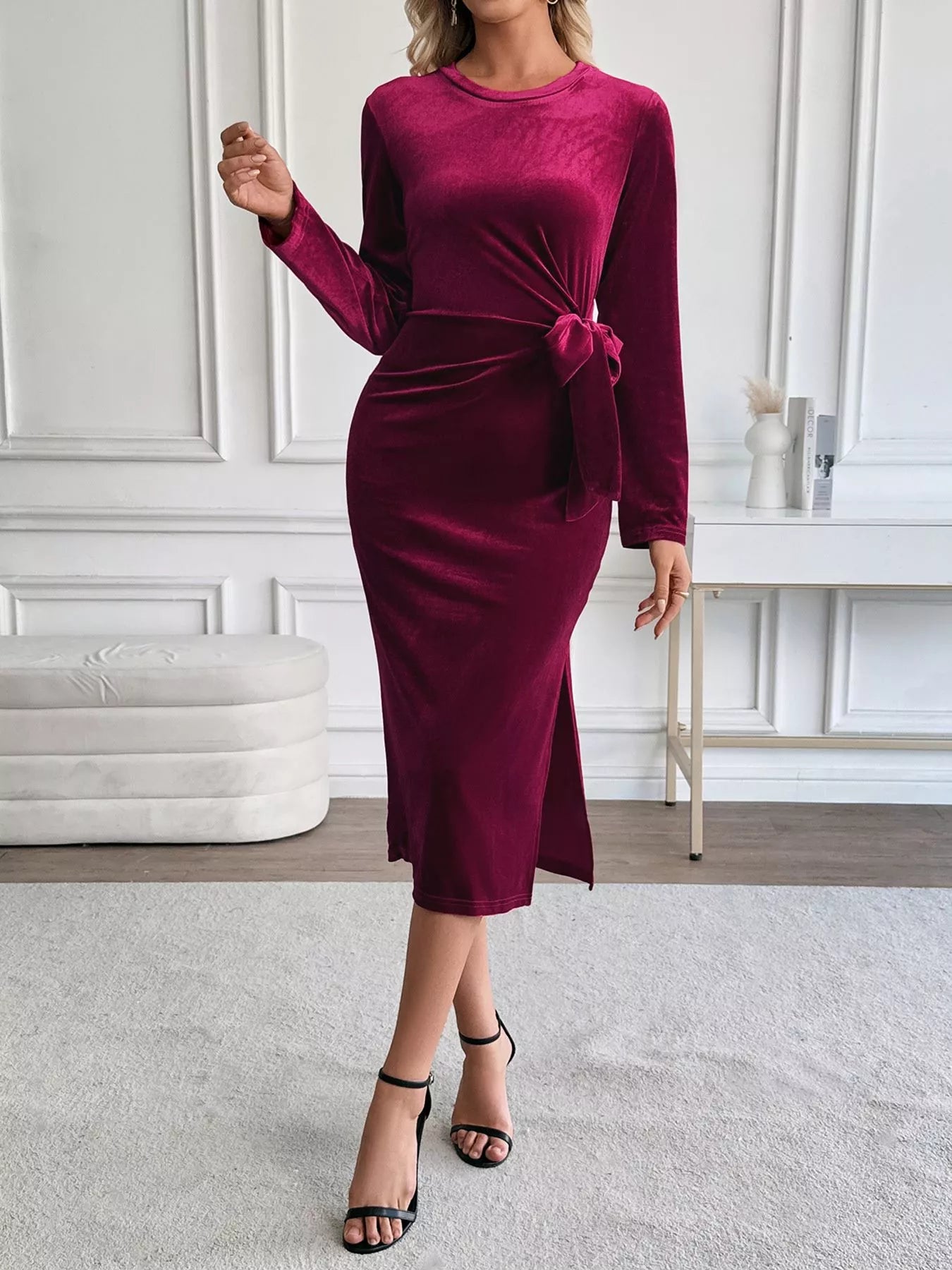Velvet Slit Round Neck Long Sleeve Dress with Side Tie Detail