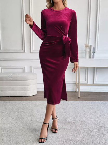 Velvet Slit Round Neck Long Sleeve Dress with Side Tie Detail
