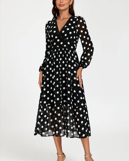 Dot Print Lace Trim Long Sleeve Maxi Dress in Black XL
