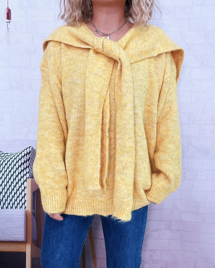 Ribbed Hem V-Neck Sweater with Shawl