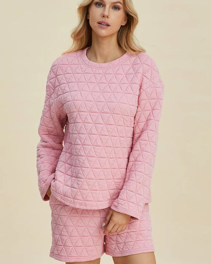 Double Take Full Size Texture Round Neck Long Sleeve Top and Shorts Set