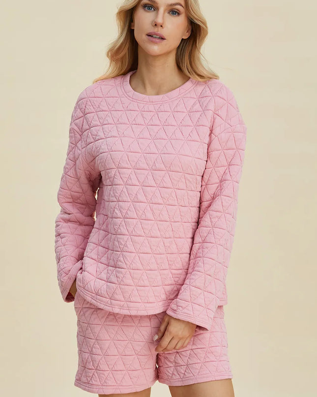 Double Take Full Size Texture Round Neck Long Sleeve Top and Shorts Set