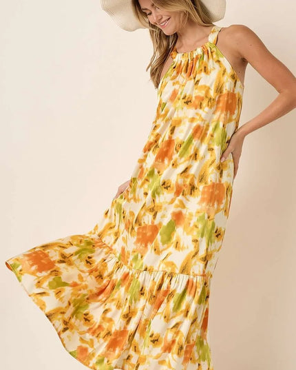 Mittoshop Watercolor Print Halter Neck Satin Maxi Dress 