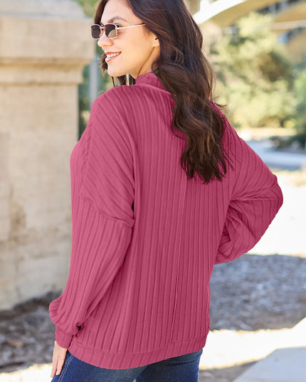 Basic Bae Full Size Ribbed Exposed Seam Mock Neck Knit Top