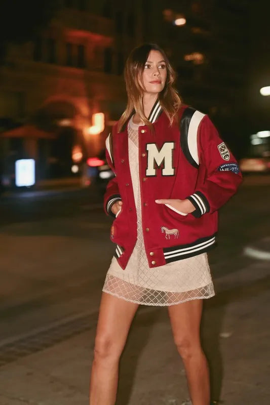 MABLE M Bomber Varsity Jacket with Patch Detail Burgundy