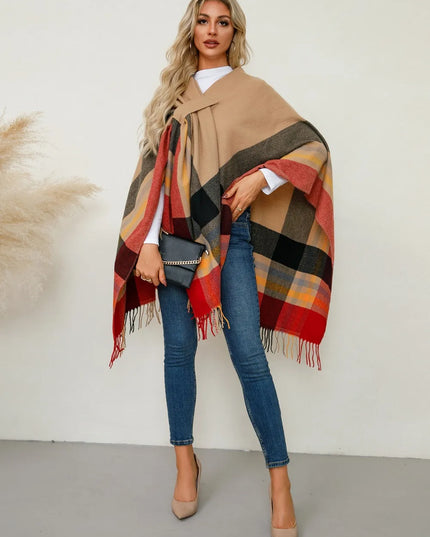 Fringe Contrast Plaid Poncho