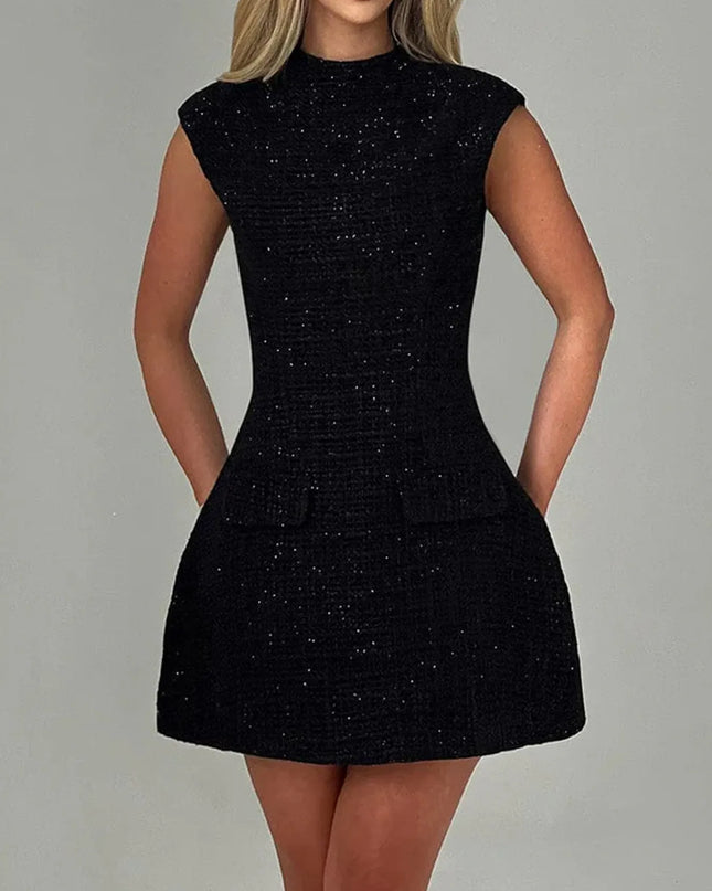 Cutout Back Round Neck Cap Sleeve Mini Dress Black