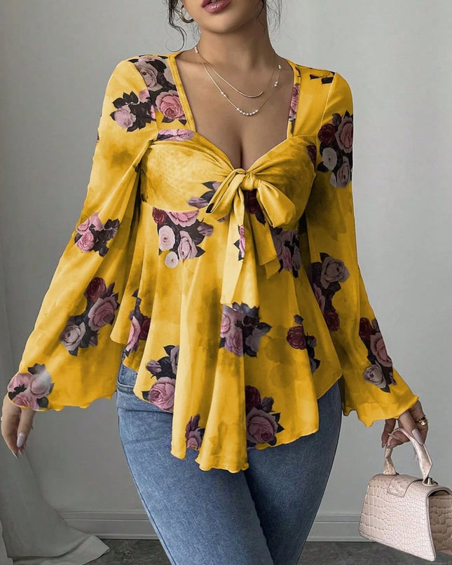 Floral Tie Front Flare Sleeve Blouse