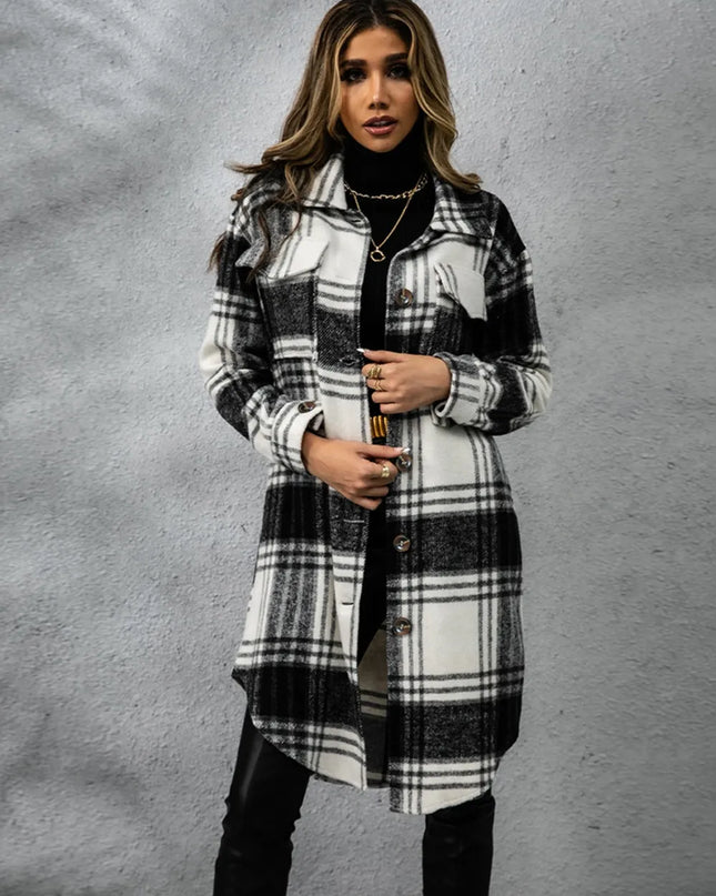 Plaid Collared Neck Long Sleeve Coat Black