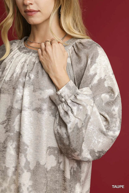 Umgee Full Size Metallic Fabric Blouse with Balloon Sleeves Plus Size