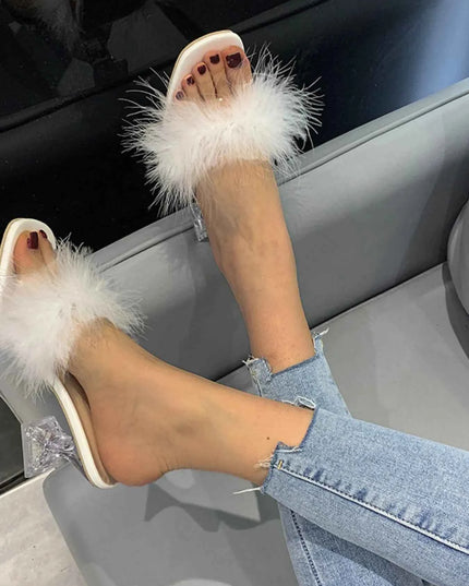 Fluffy Strap Block Heel Sandals