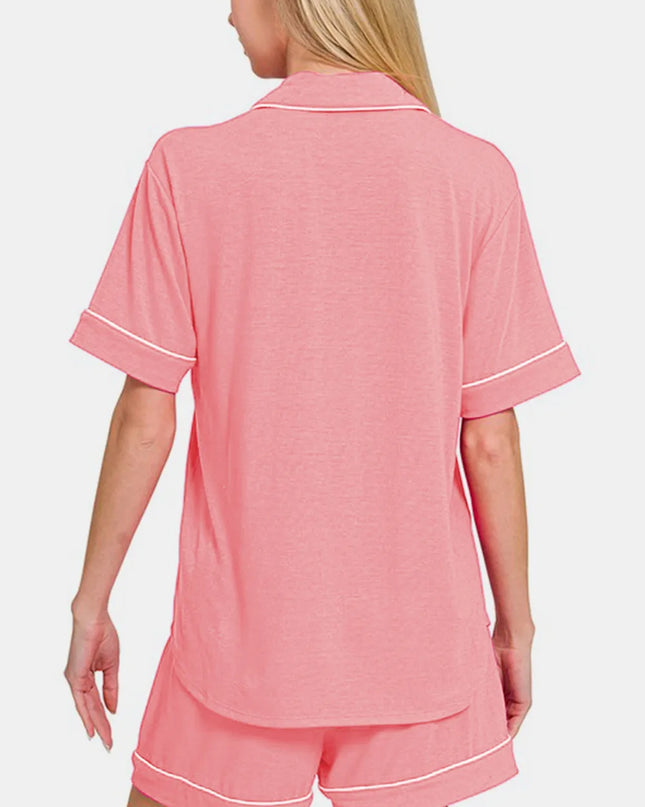 Zenana Button Down Short Sleeve Top and Shorts Lounge Set
