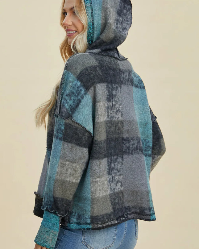 Double Take Full Size Plaid Dropped Shoulder Fleece Hoodie
