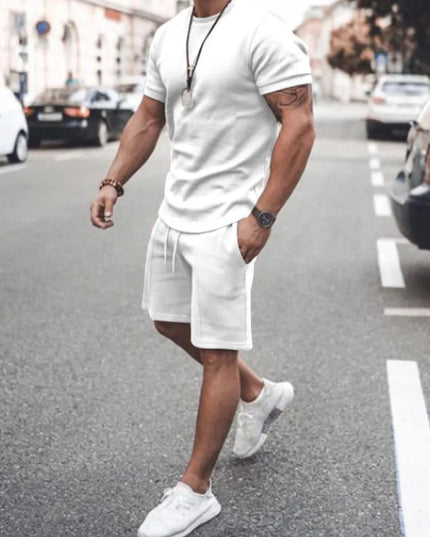Men's Plus Size Round Neck Short Sleeve Top and Shorts Set White