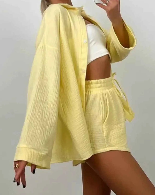 Texture Button Up Shirt and Shorts Set