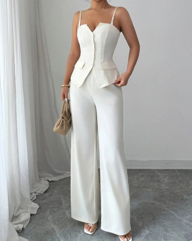 Button Front Cami and Pants Set Beige