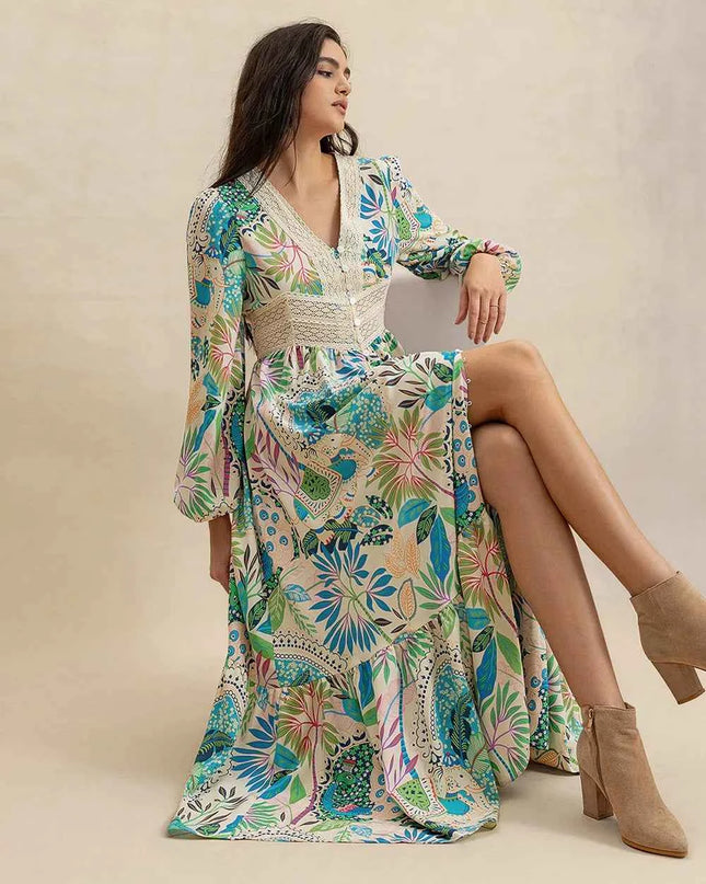 Slit Printed V-Neck Long Sleeve Midi Dress
