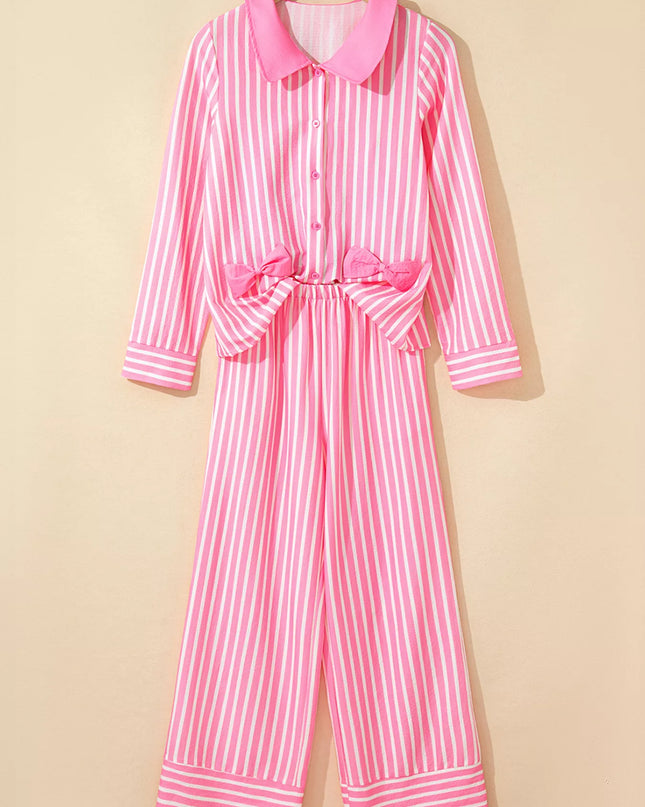 Stripe Buttoned Front Long Sleeve Top and Pants 2 Piece Sleepwear