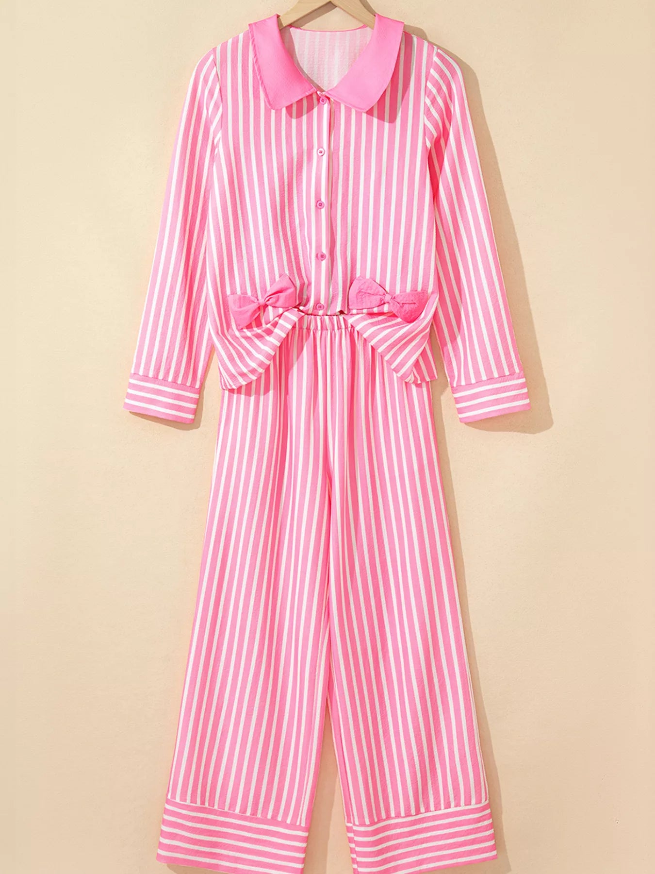 Stripe Buttoned Front Long Sleeve Top and Pants 2 Piece Sleepwear