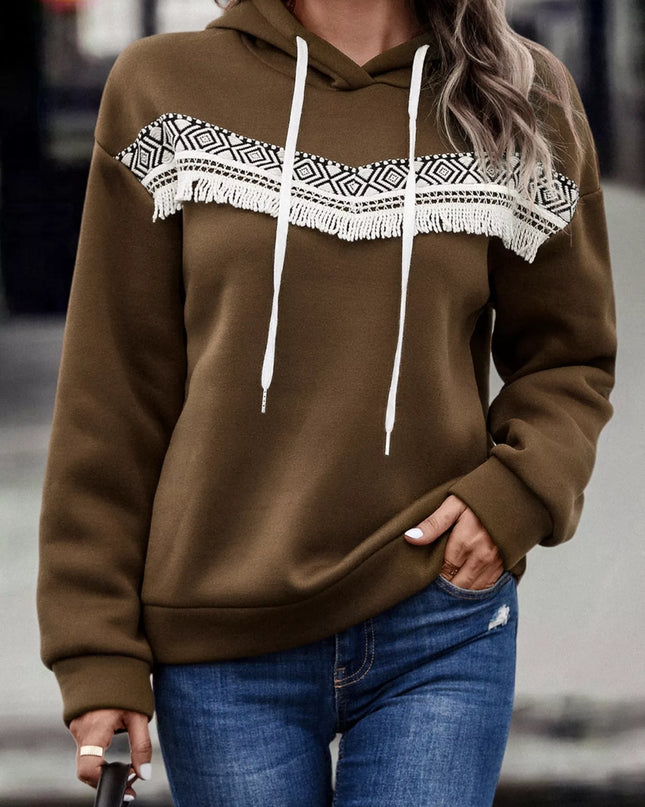 Fringe Detail Long Sleeve Drawstring Hoodie