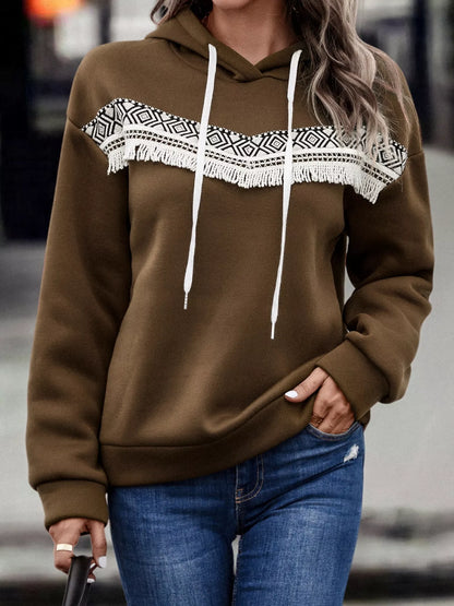 Fringe Detail Long Sleeve Drawstring Hoodie