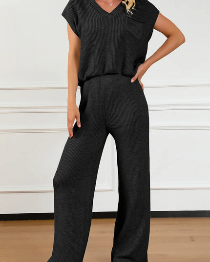 Pocketed V-Neck Top and Wide Leg Sweater Set Black