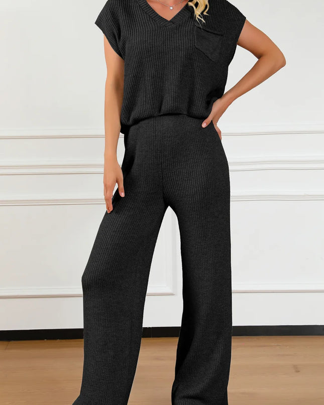 Pocketed V-Neck Top and Wide Leg Sweater Set Black