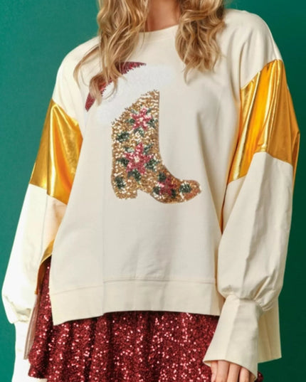 Christmas Sequin Boot Long Sleeve Sweatshirt Apricot
