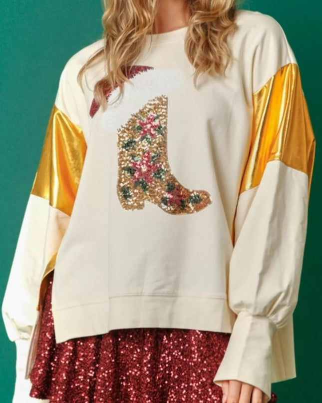 Christmas Sequin Boot Long Sleeve Sweatshirt Apricot