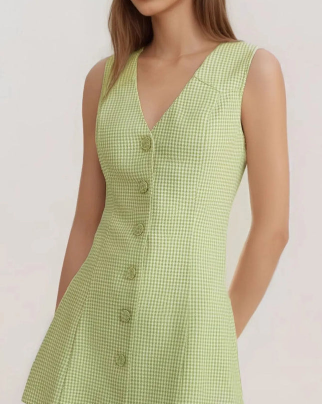 Gingham Button-Front A-Line Mini Dress Matcha Color