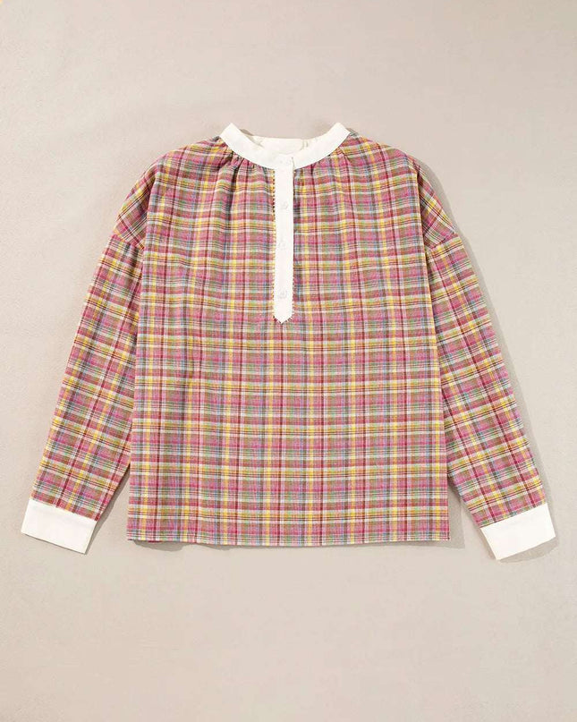 Mulit-Color Plaid Round Neck Long Sleeve Blouse