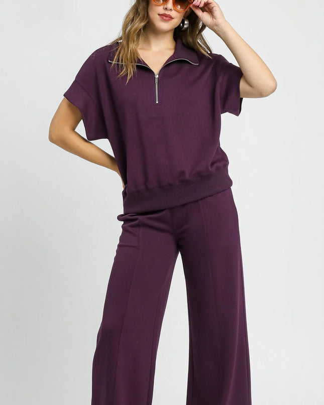 Umgee Full Size Half-Zip Short Sleeve Top Plus Size