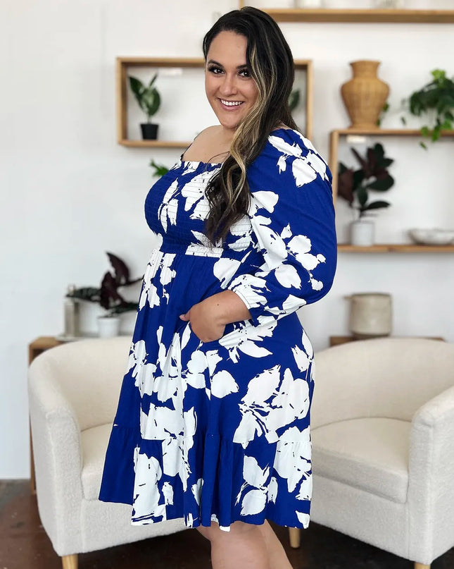 Double Take Full Size Floral Ruffle Hem Smocked Dress with Pockets