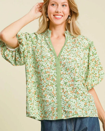 Umgee Full Size Floral Print Puff Sleeve Top Plus Size Light Green
