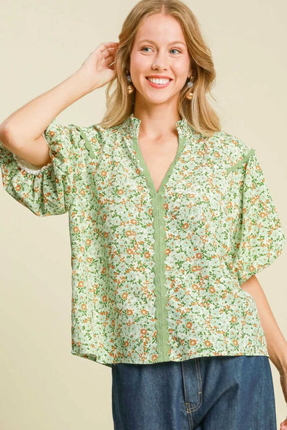 Umgee Full Size Floral Print Puff Sleeve Top Plus Size Light Green