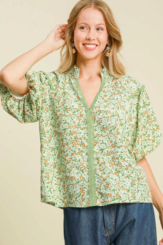 Umgee Full Size Floral Print Puff Sleeve Top Plus Size Light Green