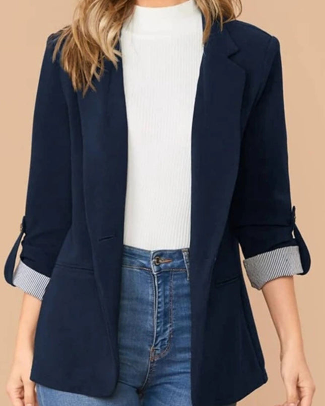 Lapel Collar Roll-Tab Sleeve Blazer Dark Blue