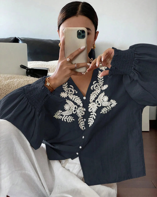 Embroidered Lantern Sleeve Blouse